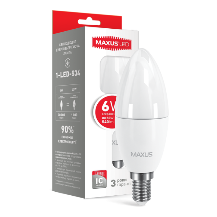 Лампа світлодіодна Maxus C37 6W 4100K 220V E14 1-LED-739