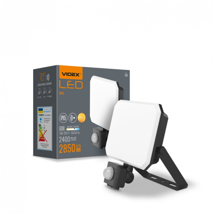 Прожектор VIDEX LED 30W з датчиком руху 5000K 220V Black VLE-F3-0305B-S (542484)