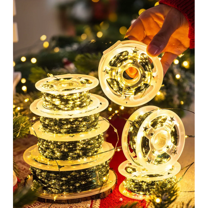 Гірлянда діодна 2000 LED "Роса" на катушці ТЕПЛА БІЛА 200м.+USB Зелений кабель +пульт 19095-07