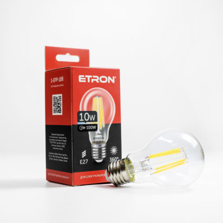 Лампа світлодіодна Etron 108-EFP Filament Power A60 10W 4200K E27 ПРОЗОРЕ СКЛО