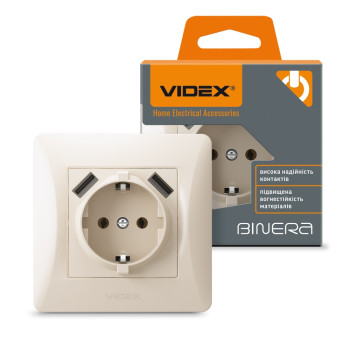 Розетка Videx Binera, крем, 1-на, із з.з., 2USB(VF-BNSK1GU2-CR) (296029)