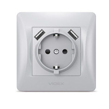 Розетка Videx Binera, срібний шовк, 1-на, із з.з., 2USB (296982)
