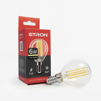 Лампа світлодіодна ETRON Filament Power 1-EFP-151, G45, 6W, E14, 3000K, прозоре скло