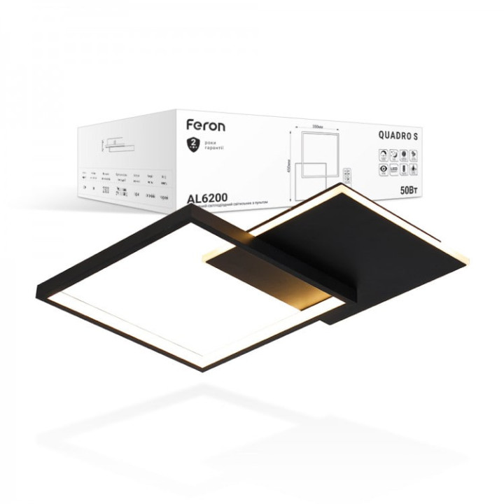 Світильник світлодіодний стельовий Feron, AL6200 QUADRO S,  50W, чорний ,2300Lm 2700-6500К, +пульт