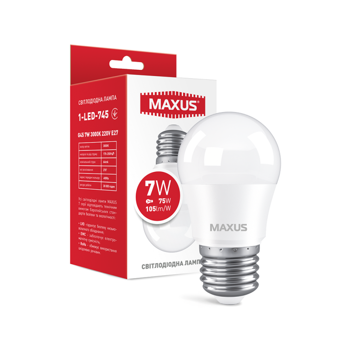 Лампа світлодіодна Maxus G45 F 7W 3000K 220V E27 1-LED-745