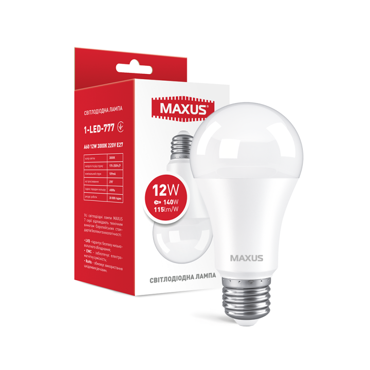 Лампа світлодіодна Maxus A60 12W 3000K 220V E27 1-LED-777