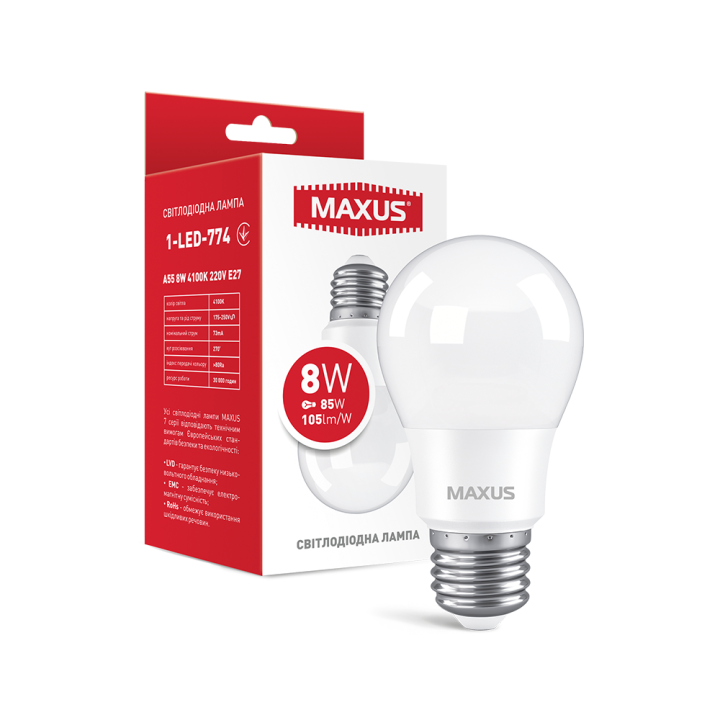 Лампа світлодіодна Maxus A55  8W 4100K 220V E27 1-LED-774
