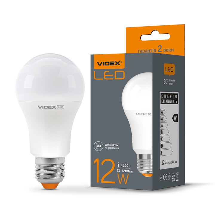 LED лампа, VIDEX VL-A60e-12274-S, A60E, 12W, E27, 4100K, 220V, з датчиком руху (298603)