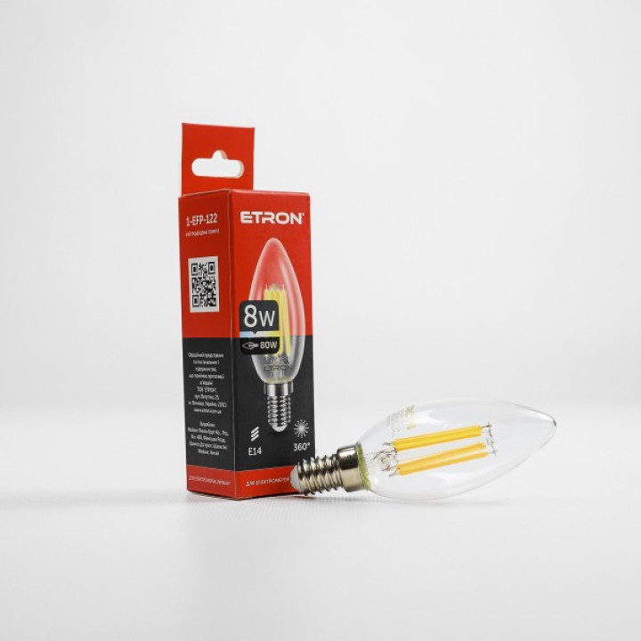 Лампа світлодіодна ETRON Filament Power 1-EFP-122, C37, 8W, E14, 4200K, прозоре скло