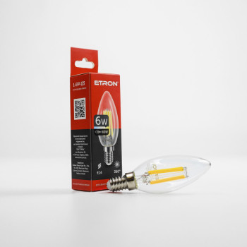 Лампа світлодіодна ETRON Filament Power 1-EFP-125, C37, 6W, E14, 3000K, прозоре скло
