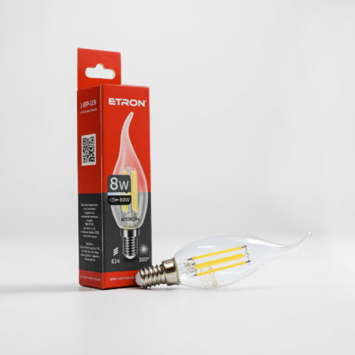 Лампа світлодіодна ETRON Filament Power 1-EFP-129, tailed, C37, 8W, E14, 3000K, прозоре скло