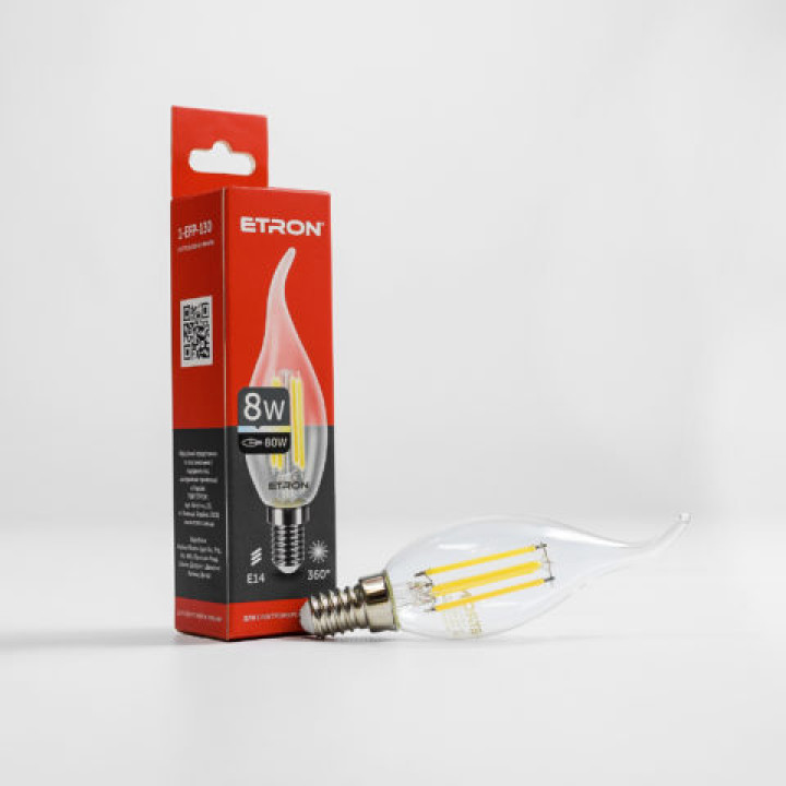 Лампа світлодіодна ETRON Filament Power 1-EFP-130, tailed, C37, 8W, E14, 4200K, прозоре скло