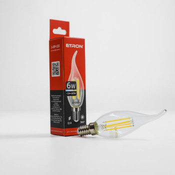 Лампа світлодіодна ETRON Filament Power 1-EFP-133, tailed, C37, 6W, E14, 3000K, прозоре скло