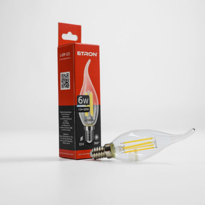 Лампа світлодіодна ETRON Filament Power 1-EFP-133, tailed, C37, 6W, E14, 3000K, прозоре скло