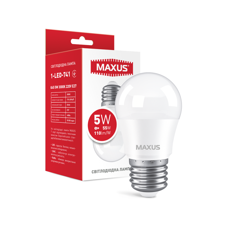 Лампа світлодіодна Maxus G45  5W 3000K 220V E27 1-LED-741