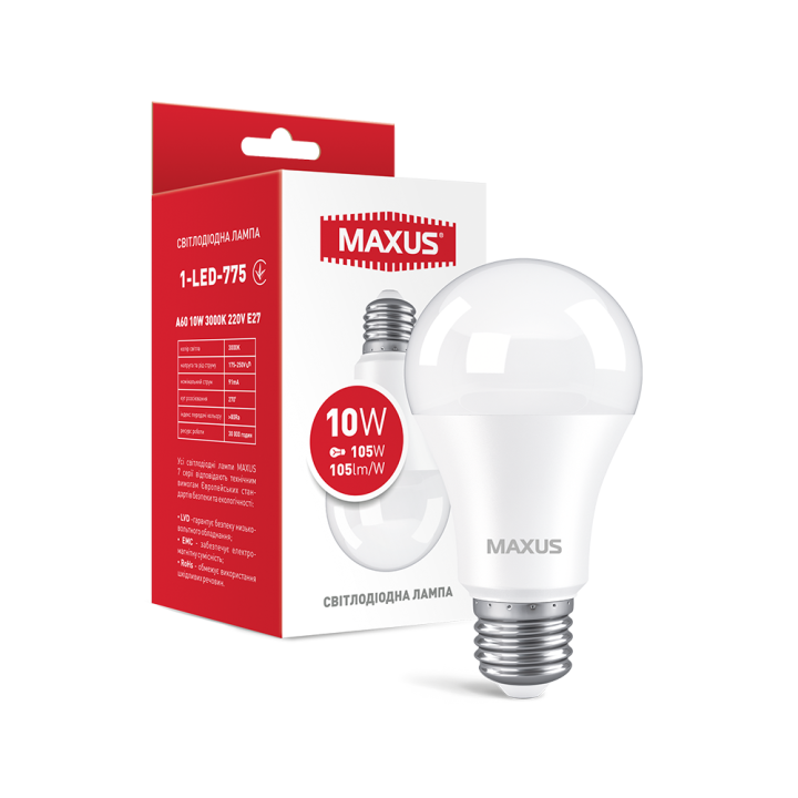 Лампа світлодіодна Maxus A60 10W 3000K 220V E27 1-LED-775