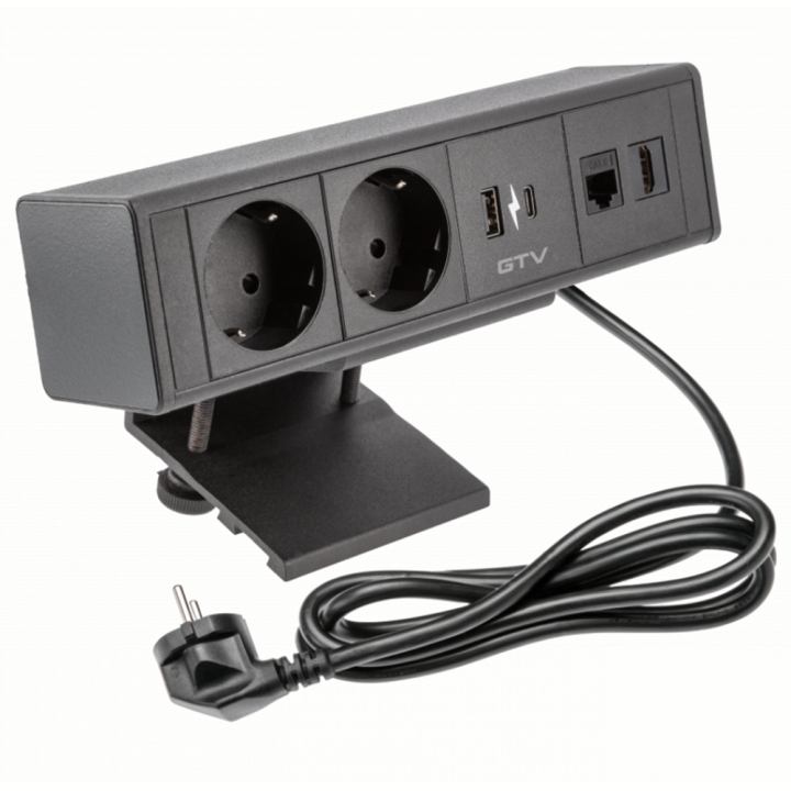 Подовжувач GTV BAR, 2 гнізда 1xUSB, 1xTYPE-C, 1xRJ45, 1xHDMI, кабель з вилкою 1,5м, чорний