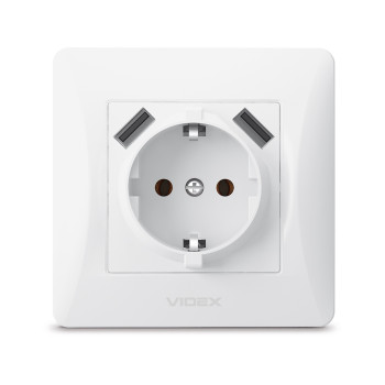 Розетка Videx Binera 1-на з.з. 2хUSB 5V 2.1A біла, (295053)