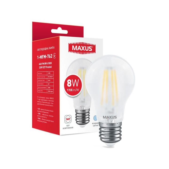 Лампа світлодіодна Maxus A60 FM, 8W 4100K 220V E27, Frosted, 1-MFM-762