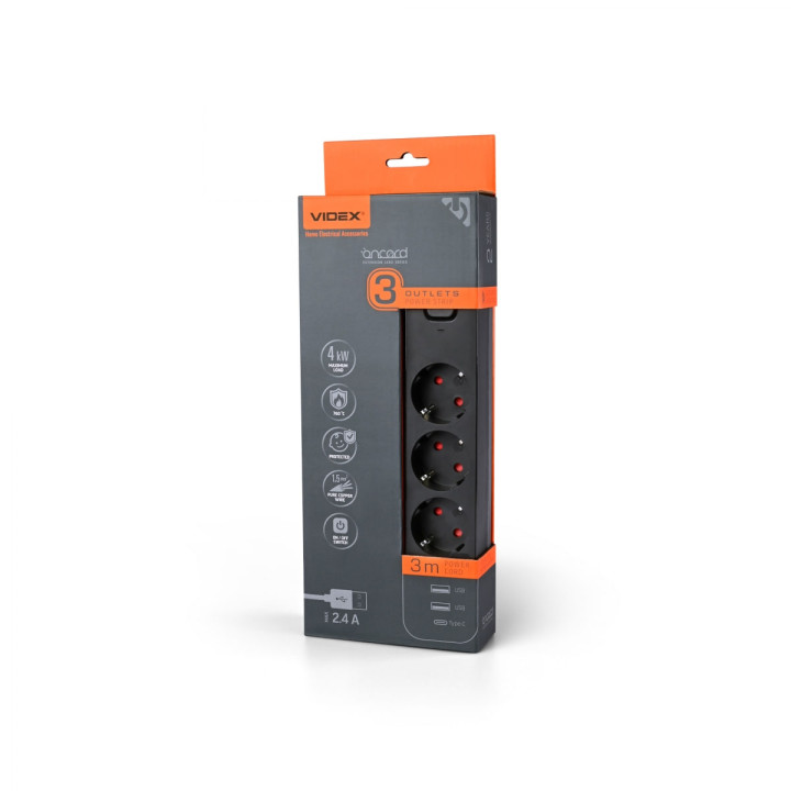 Мережевий подовжувач Videx 3P 3м 1.5мм 2.4A 2USB+Type-C  з/з та кнопкою чорн.(484893)