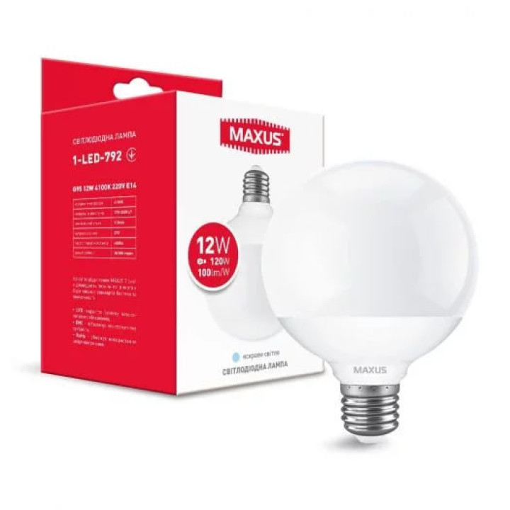 Лампа світлодіодна Maxus G95 12W 4100K 220V E27 1-LED-792