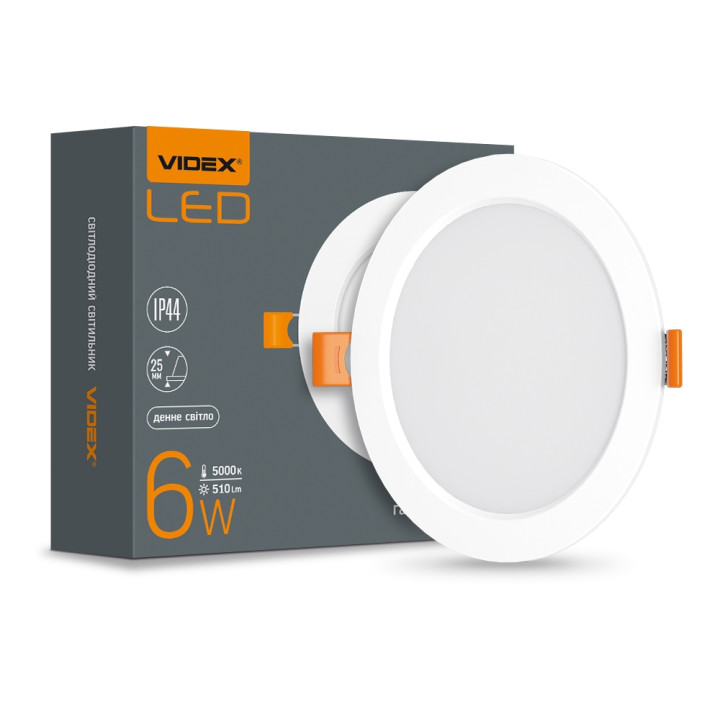 Світильник вбудований врізний VIDEX 6W білий 510Lm 5000K круглий IP44 220V (480505)