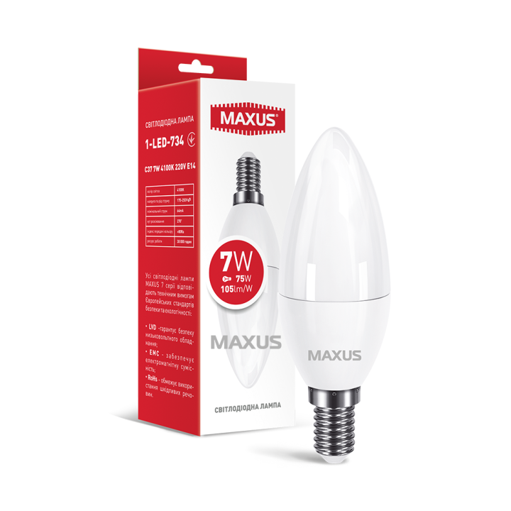 Лампа світлодіодна Maxus C37  7W 4100K 220V E14   1-LED-734