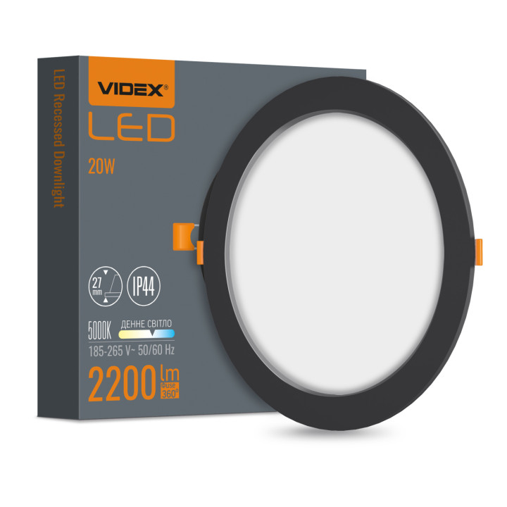 Світильник вбудований VIDEX 20W ЧОРНИЙ 2200Lm 5000K круглий IP44 220V (485265)