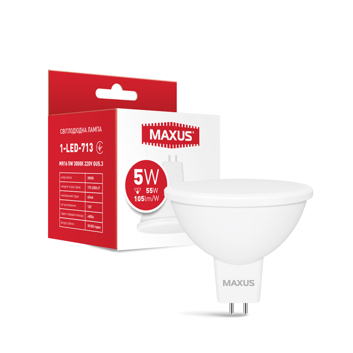 Лампа світлодіодна Maxus MR16 5W 3000K 220V GU5.3  1-LED-713