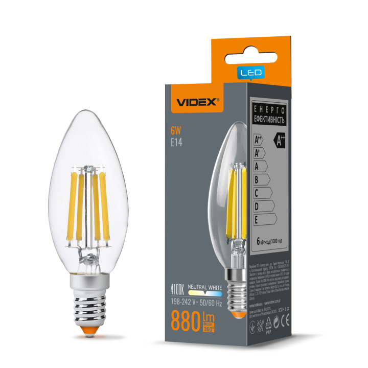 Лампа LED Videx C37F Filament 6W E14 4100K (299129)