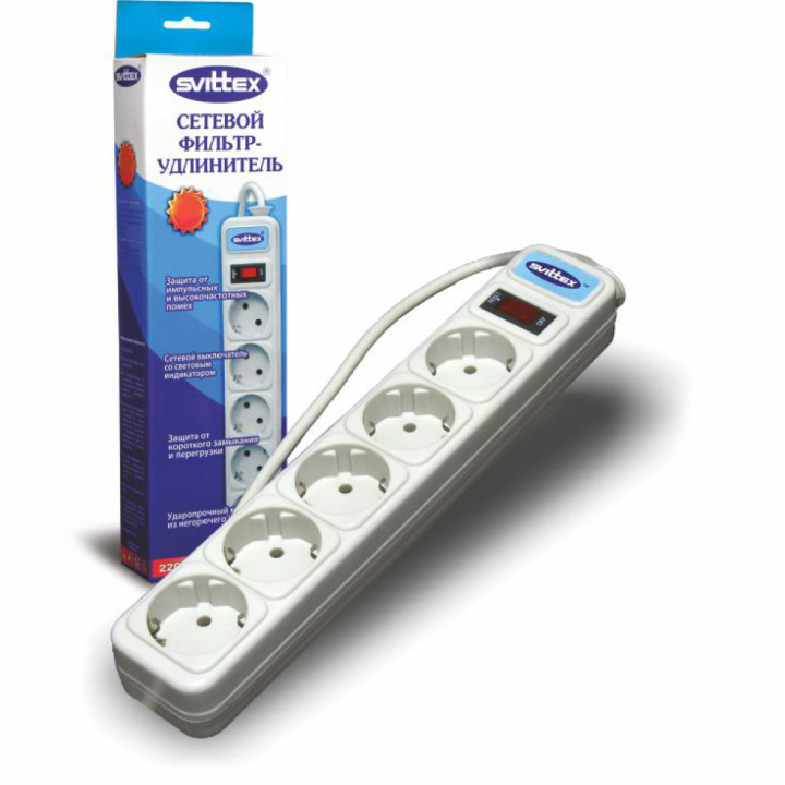 Фільтр мереж SVITTEX 5 розеток 10A, 1.8м, SV-001