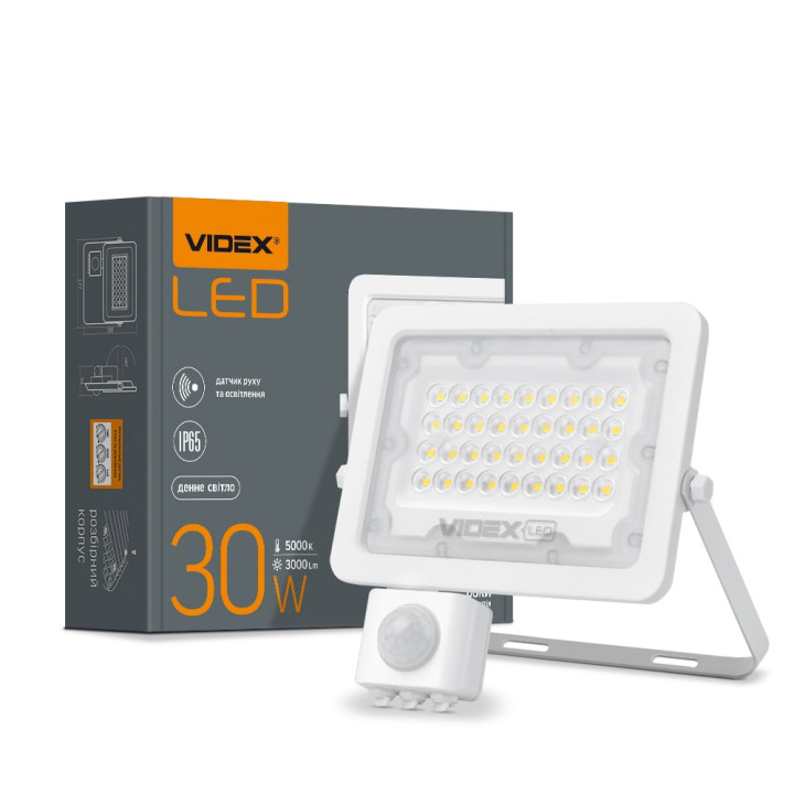 Прожектор VIDEX LED 30W з датчиком руху та освітл. 5000K  IP65 220V білий  VL-F2E-305W-S  (480413)